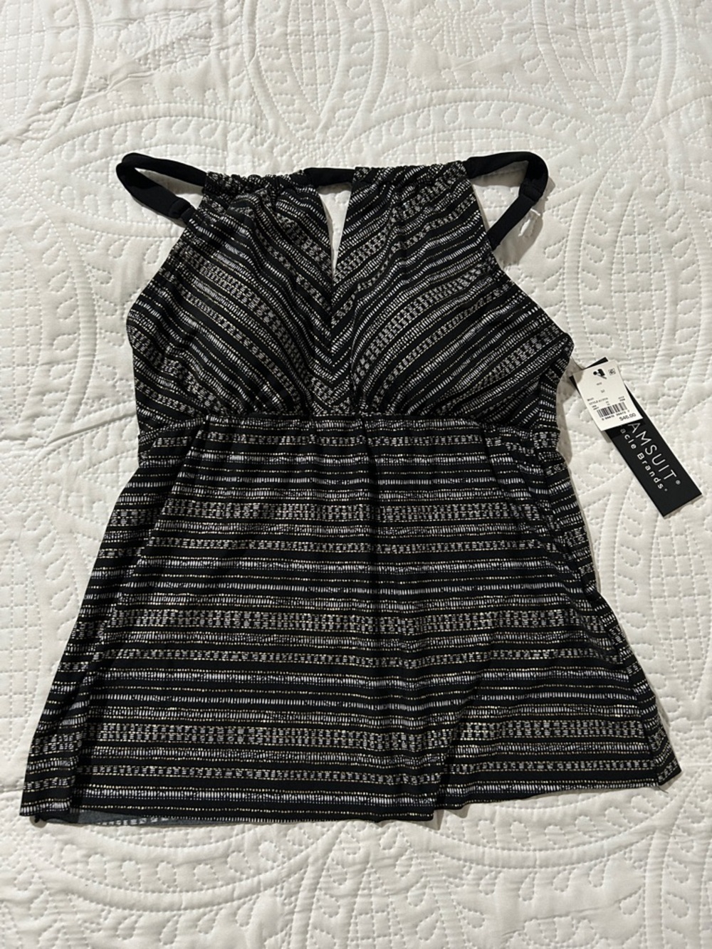 DREAMSUIT - Tankini Swim Top - Black, Gold & White Striped Pattern SZ: 10